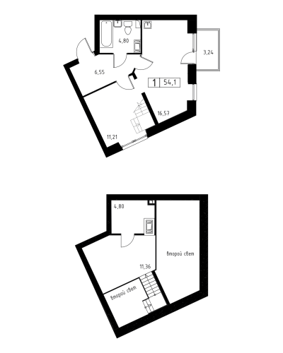 1-комнатная, квартира, 54.1 м²