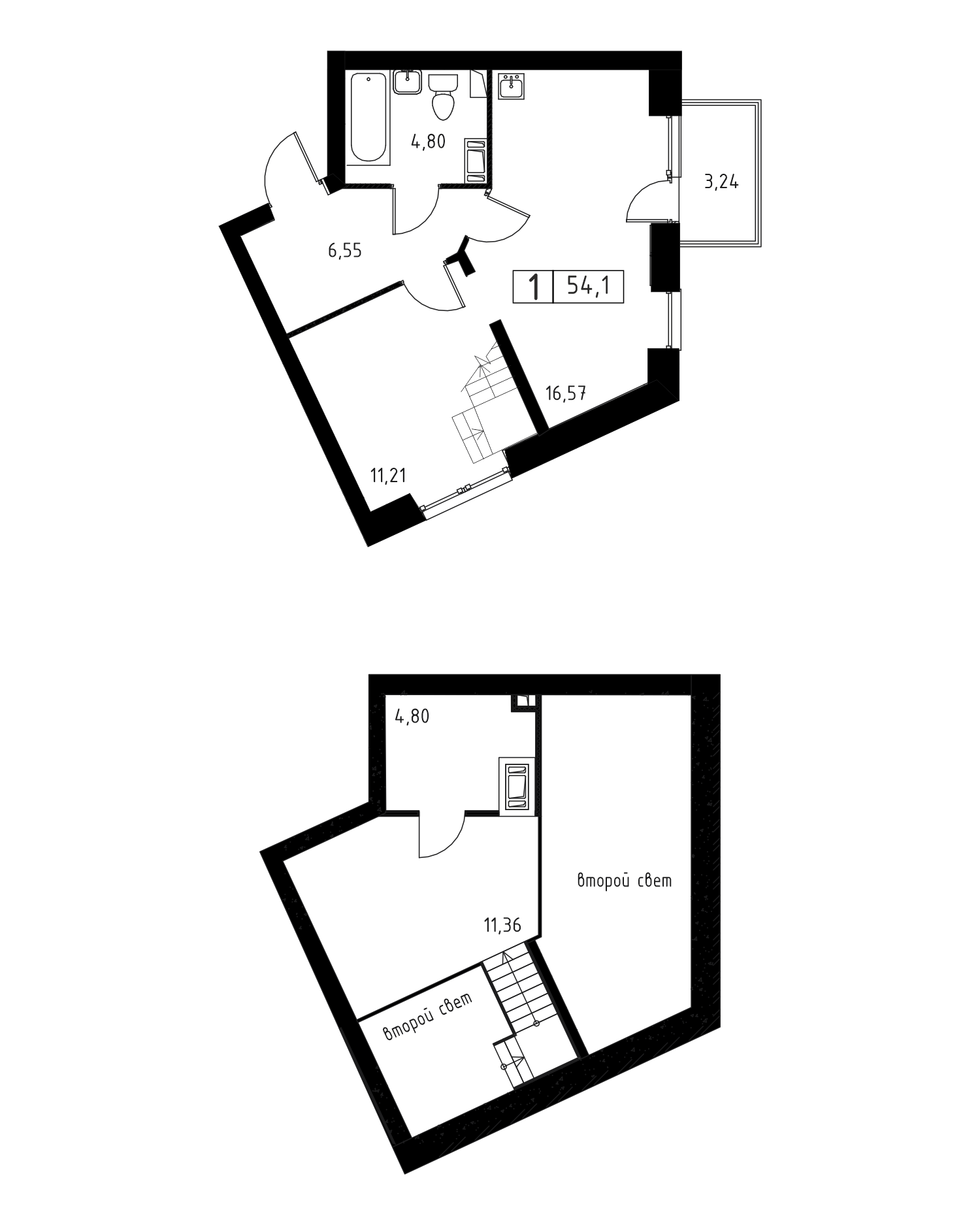 1-комнатная квартира №16, 54,1 м² за 5,80 млн руб. в ЖК «Шотландия» - планировка