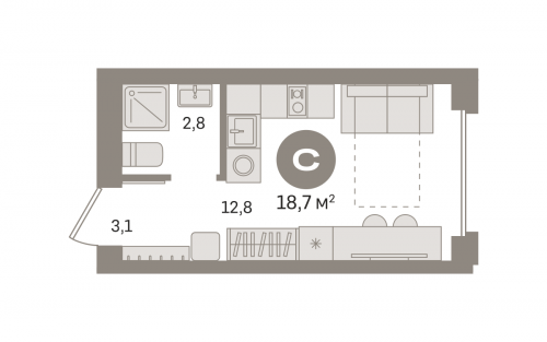 Студия, 18.65 м²