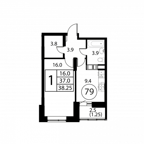 1-комнатная, квартира, 38.25 м²