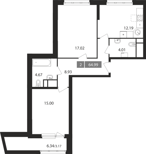 2-комнатная, квартира, 64.99 м²