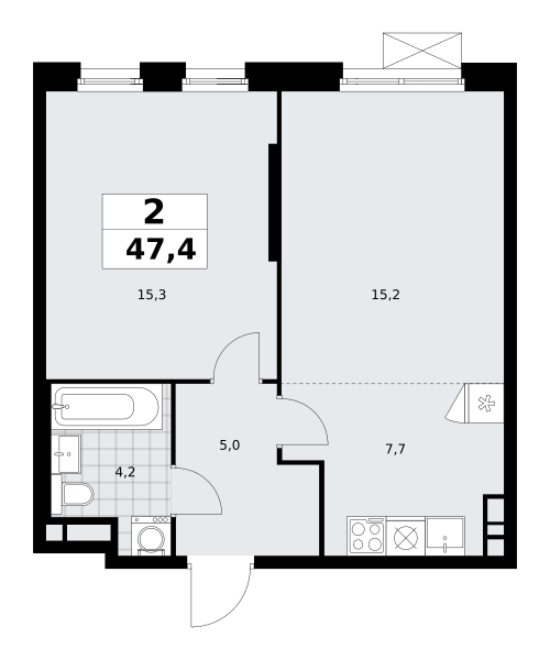 2-комнатная квартира №58К-7.1.1-23, 47,4 м² за 13,01 млн руб. в ЖК «Прокшино» - планировка