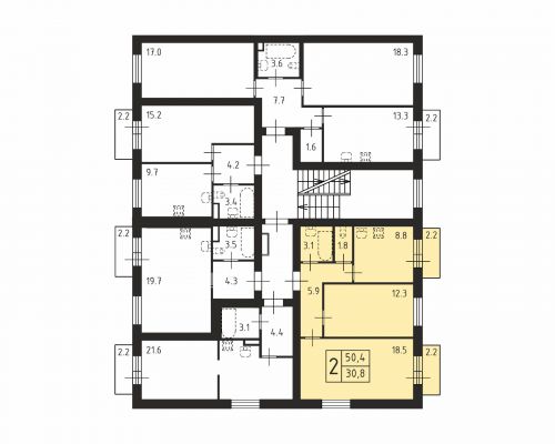 2-комнатная, квартира, 50.4 м²
