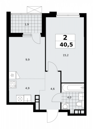 2-комнатная, 40.5 м²