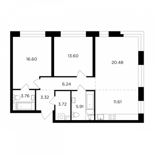 3-комнатная, 85.24 м²