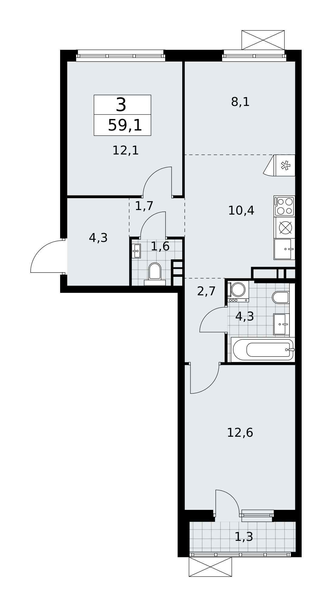 3-комнатная квартира №58К-11.2.3-436, 59,1 м² за 17,01 млн руб. в ЖК «Прокшино» - планировка