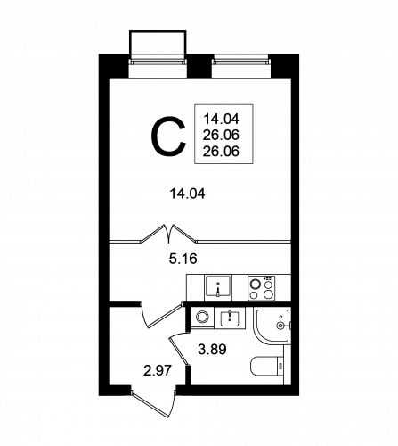 Студия, 26.06 м²