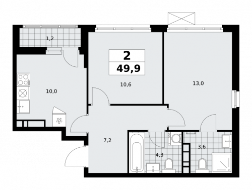 2-комнатная, 49.9 м²