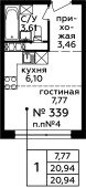 1-комнатная квартира 20,94 м²
