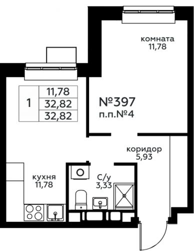1-комнатная, 32.82 м²