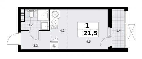 1-комнатная, 21.5 м²