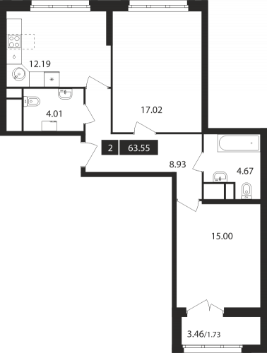 2-комнатная, квартира, 63.55 м²