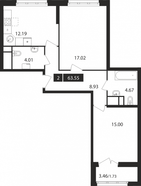2 комнаты до 63.55