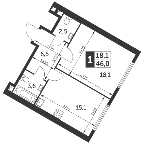 1-комнатная, квартира, 46 м²