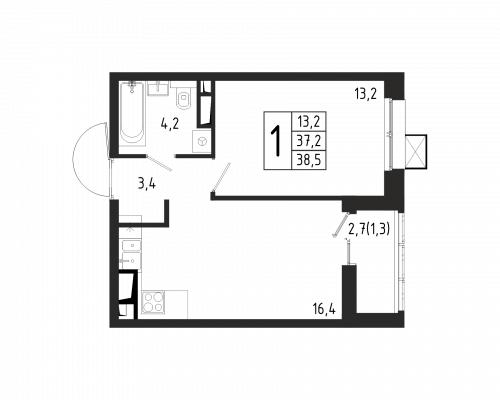 1-комнатная, квартира, 38.5 м²