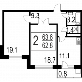 2-комнатная квартира 63.8 м²