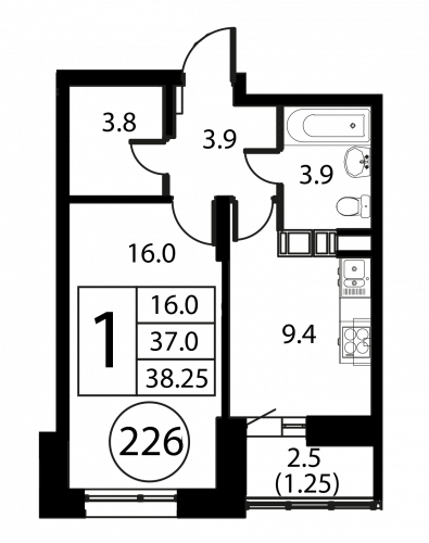 1-комнатная, квартира, 38.25 м²