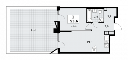1-комнатная, 53.6 м²