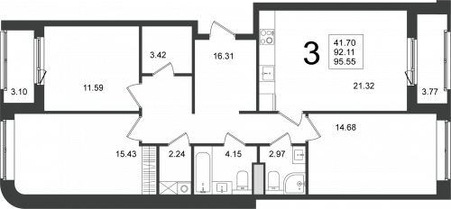 3-комнатная, квартира, 95.55 м²