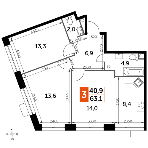 3-комнатная, 63.1 м²
