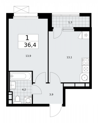 1-комнатная, 36.4 м²