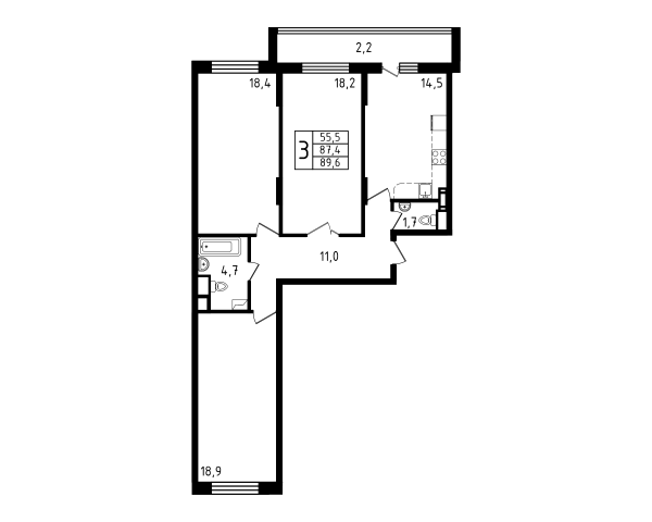 3 комнаты до 89.6
