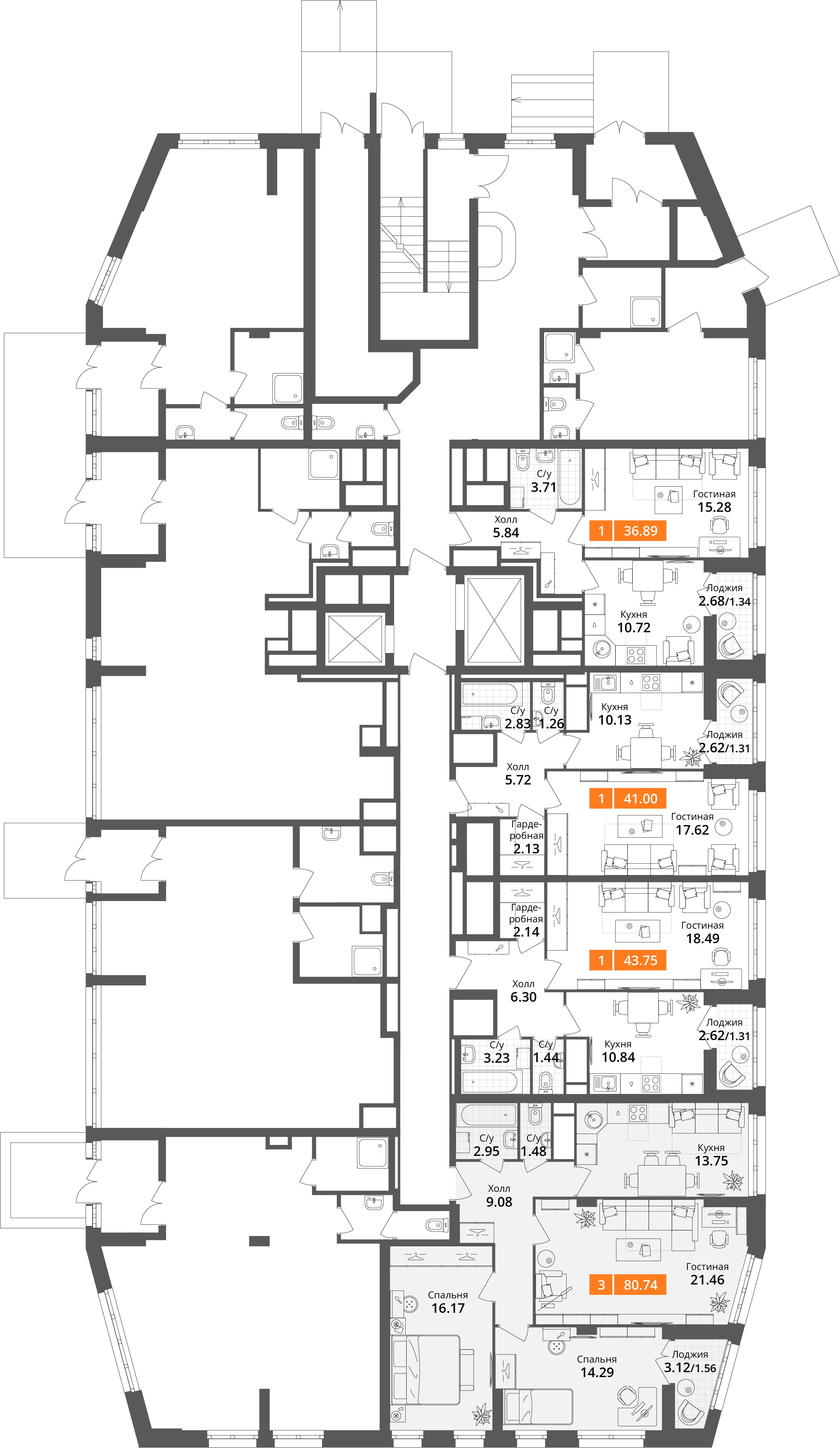 3-комнатная квартира №4, 80,7 м² за 18,61 млн руб. в ЖК «Планерный квартал» - планировка