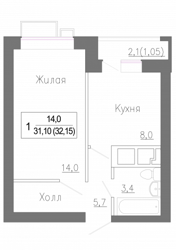 1-комнатная, 32.15 м²