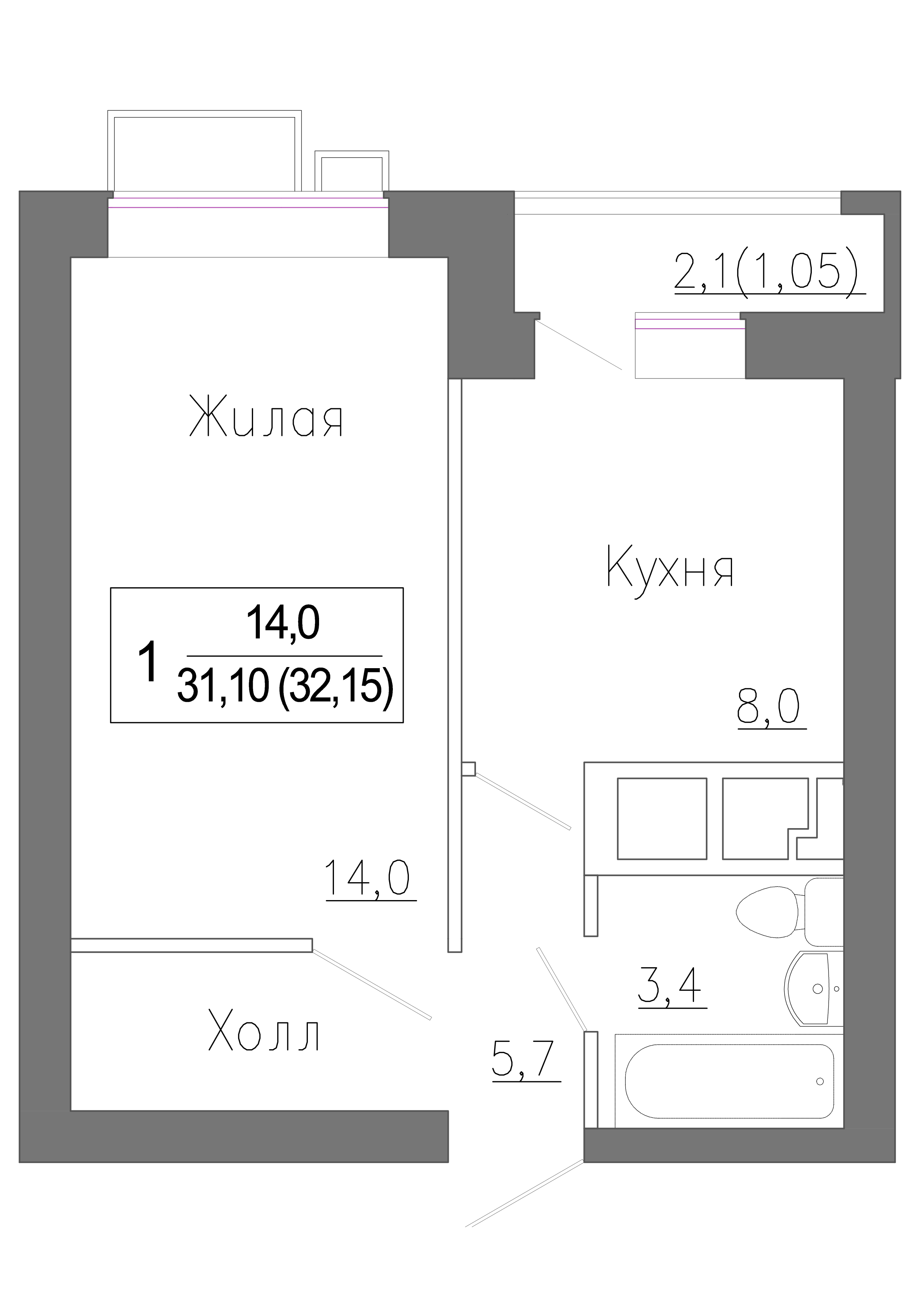 1-комнатная квартира №10178402, 32,2 м² за 6,99 млн руб. в ЖК «Новое Замитино» - планировка