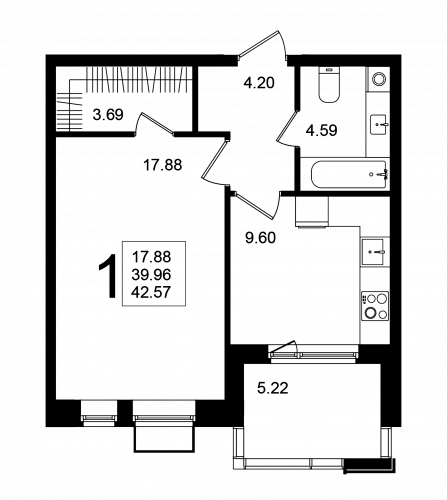 1-комнатная, квартира, 42.57 м²