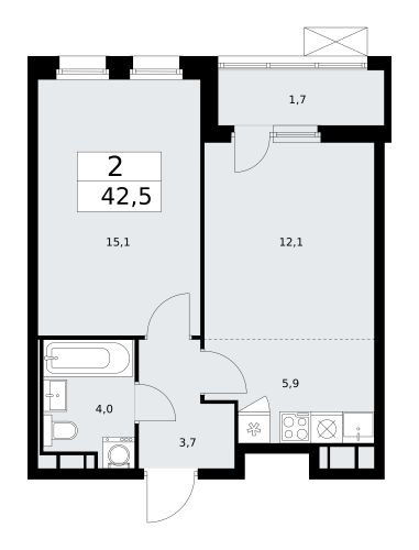 2-комнатная, 42.5 м²