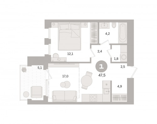 1-комнатная, квартира, 47.5 м²