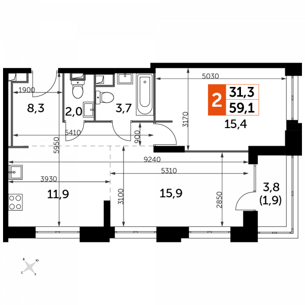 2 комнаты до 59.1