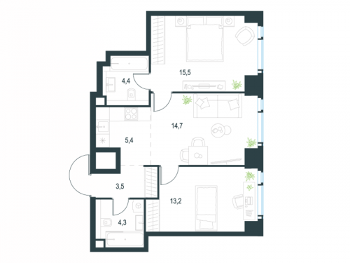 3-комнатная, 61 м²