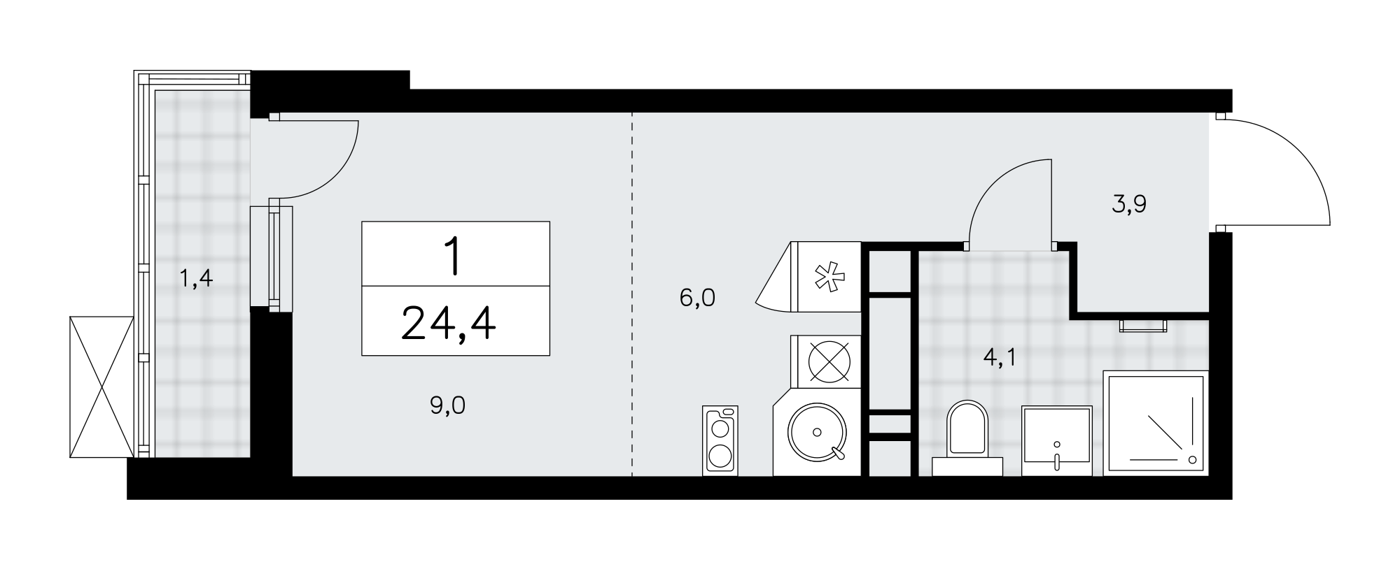 1-комнатная квартира №24К-37.2.1-128, 24,4 м² за 8,99 млн руб. в ЖК «Скандинавия» - планировка