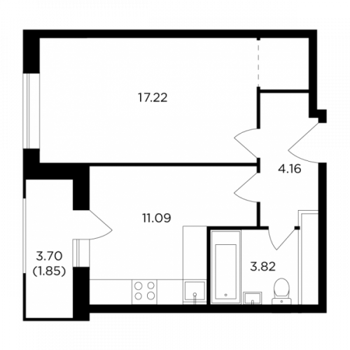 1-комнатная, 38.14 м²