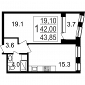 1-комнатная квартира 43,85 м²