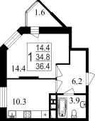 1-комнатная квартира 36,4 м²