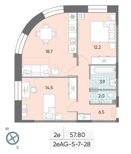 2-комнатная, 57.8 м²
