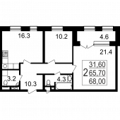 2-комнатная квартира 68 м²