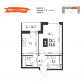 1-комнатная квартира 33,5 м²
