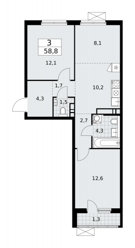 3-комнатная, 58.8 м²