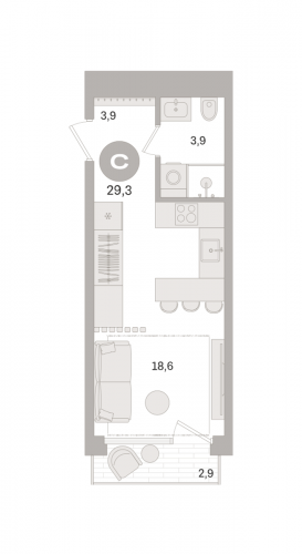 Студия, 29.3 м²