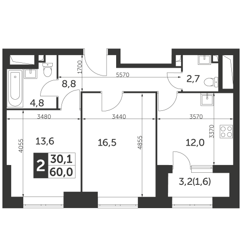 2-комнатная, квартира, 60 м²