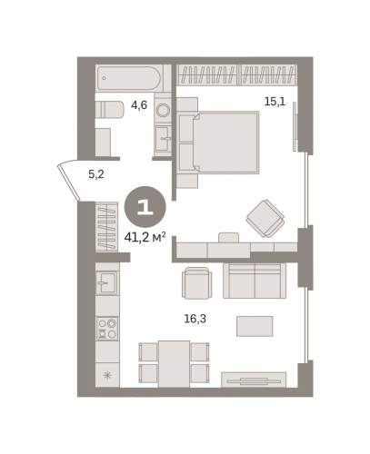 1-комнатная, квартира, 41.24 м²