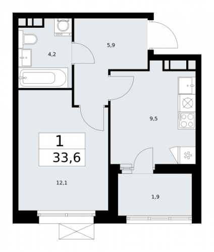 1-комнатная, 33.6 м²
