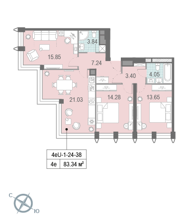3-комнатная, квартира, 83.32 м²