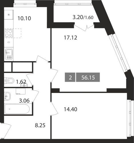 2-комнатная, квартира, 56.15 м²
