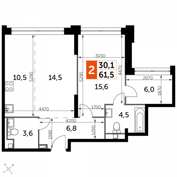 2 комнаты до 61.5