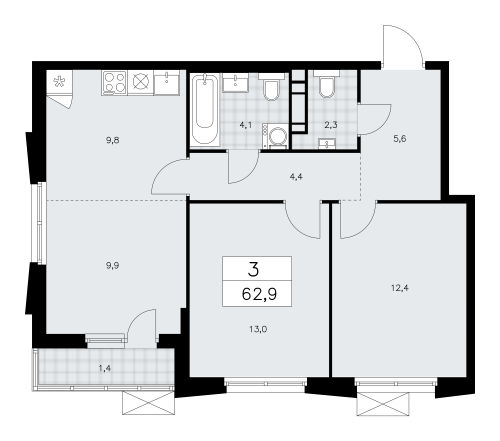 3-комнатная, 62.9 м²